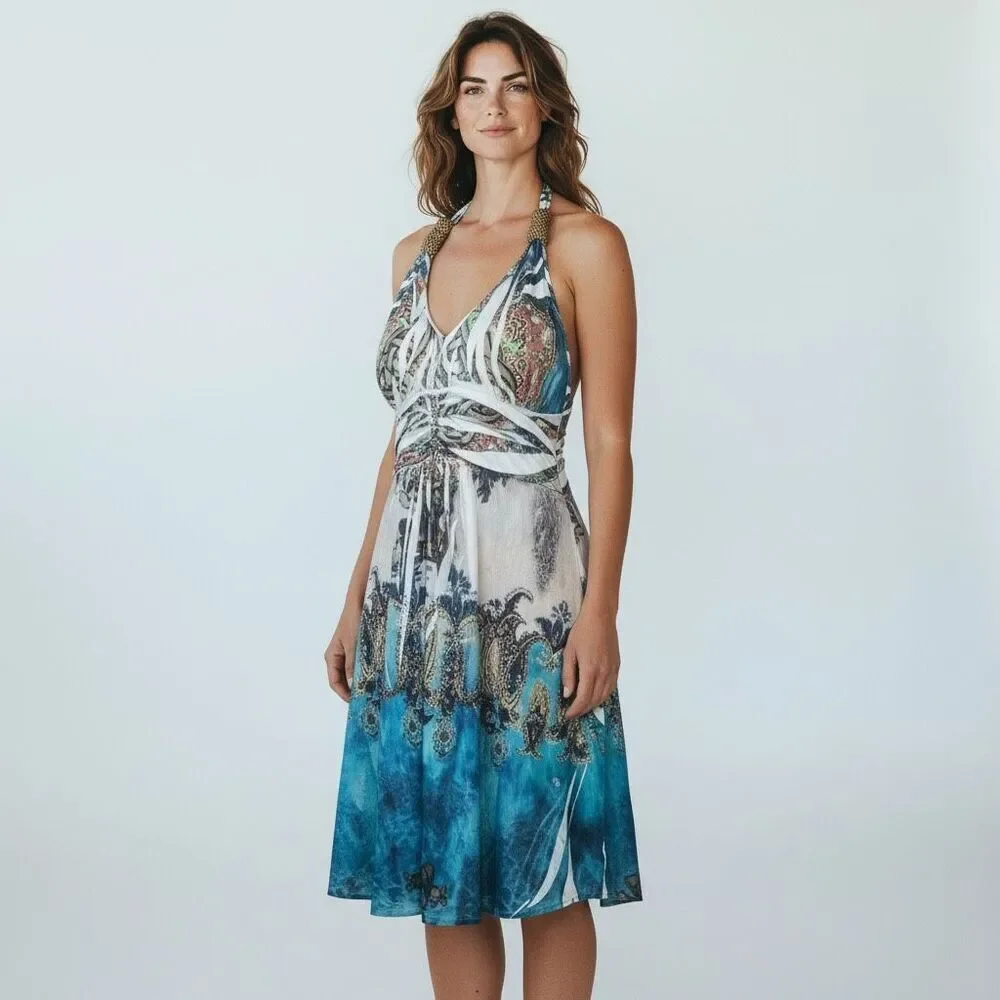 Cristinalove Blue White Gold Halter graphic paisley tie dye Mini Dress size L